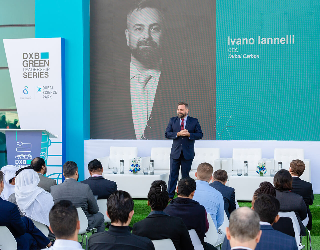 Ivani Iannelli, CEO of Dubai Carbon, addressing the audience at the DXB Green Leadership Series event in Dubai Science Park